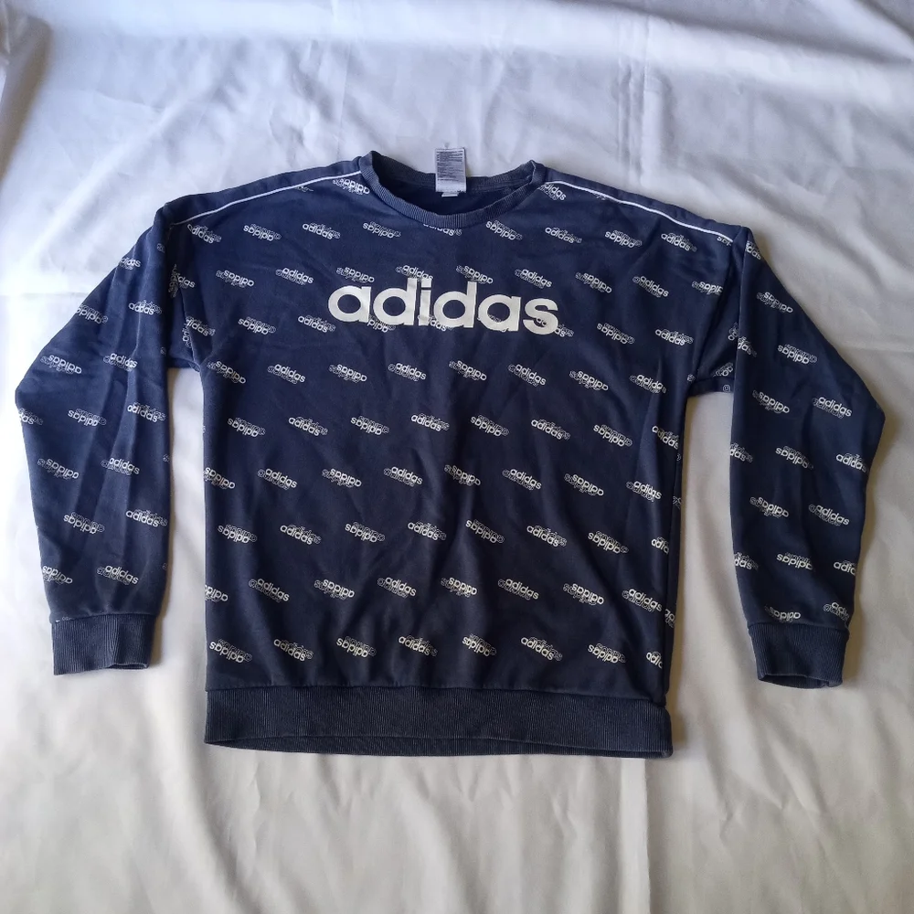 Adidas Favorite Trefoil Tech Indigo Blue All Over Print Logo Sweatshirt Sweater - Picture 7 of 14